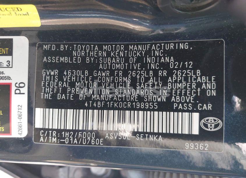 Photo 9 of 2012 Toyota Camry LE (VIN 4T4BF1FK0CR198955)