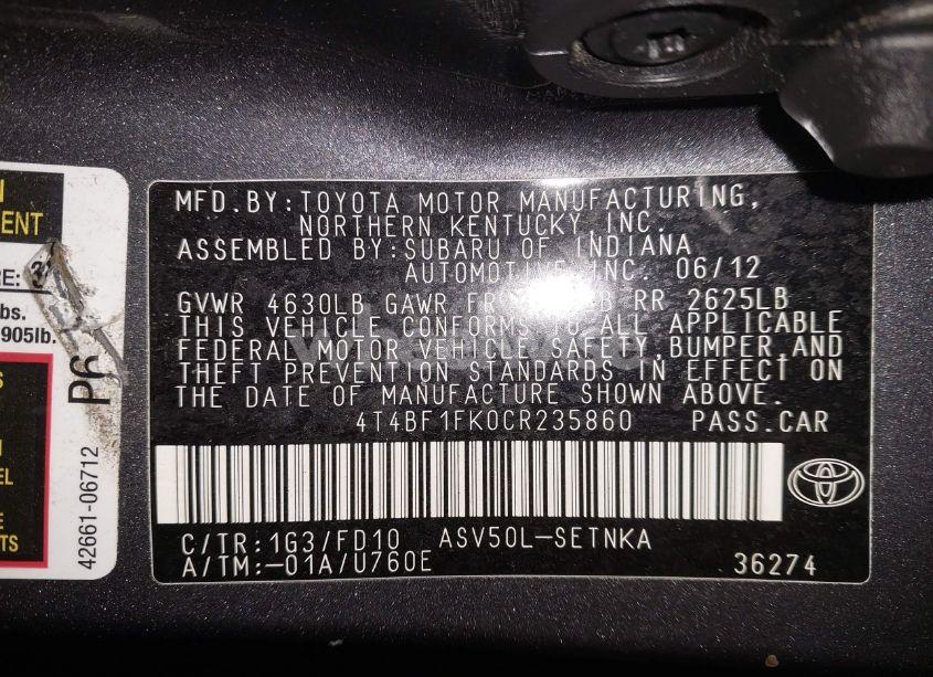 Photo 9 of 2012 Toyota Camry LE (VIN 4T4BF1FK0CR235860)