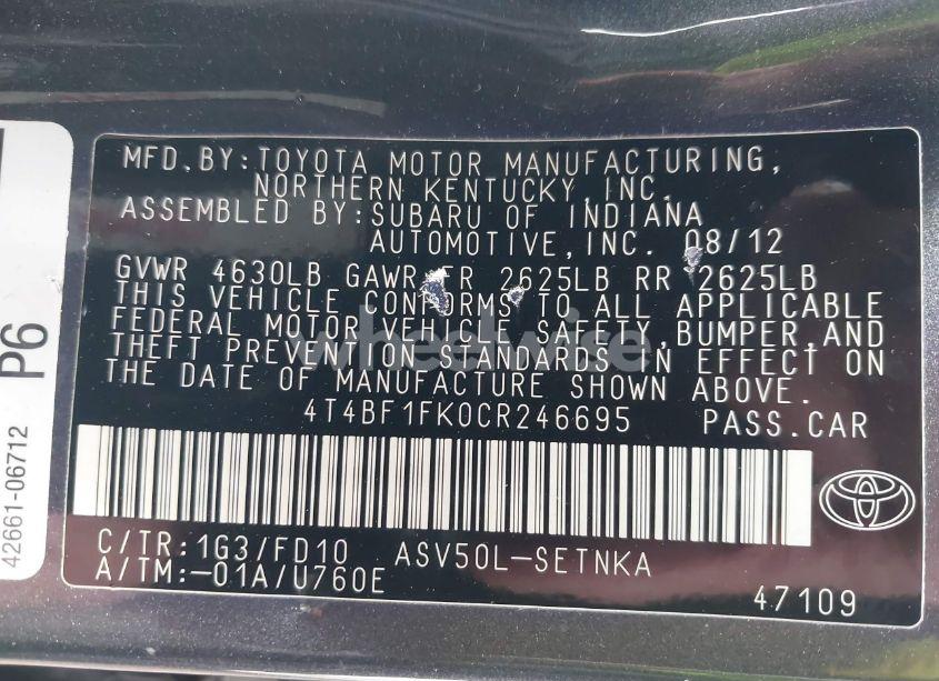 Photo 9 of 2012 Toyota Camry LE (VIN 4T4BF1FK0CR246695)