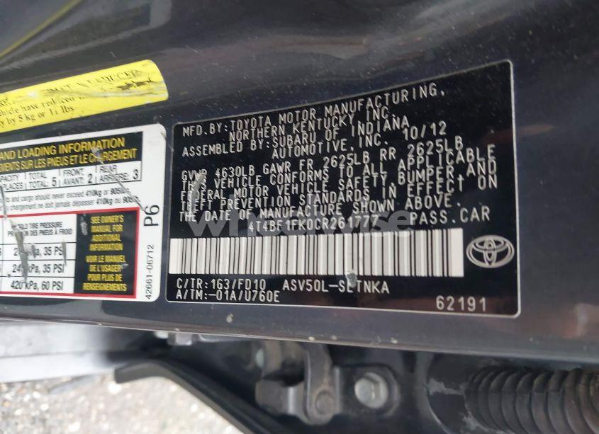 Photo 9 of 2012 Toyota Camry LE (VIN 4T4BF1FK0CR261777)