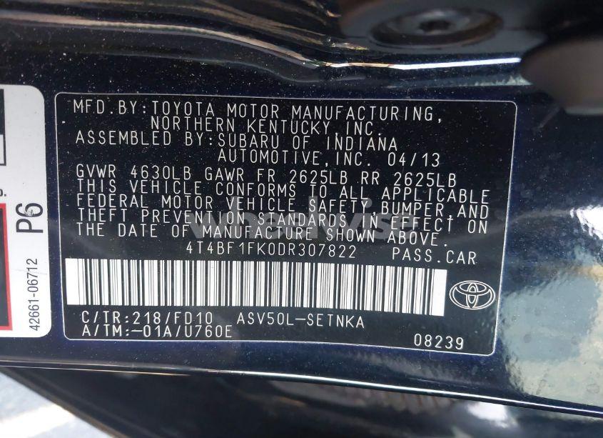 Photo 9 of 2013 Toyota Camry LE (VIN 4T4BF1FK0DR307822)