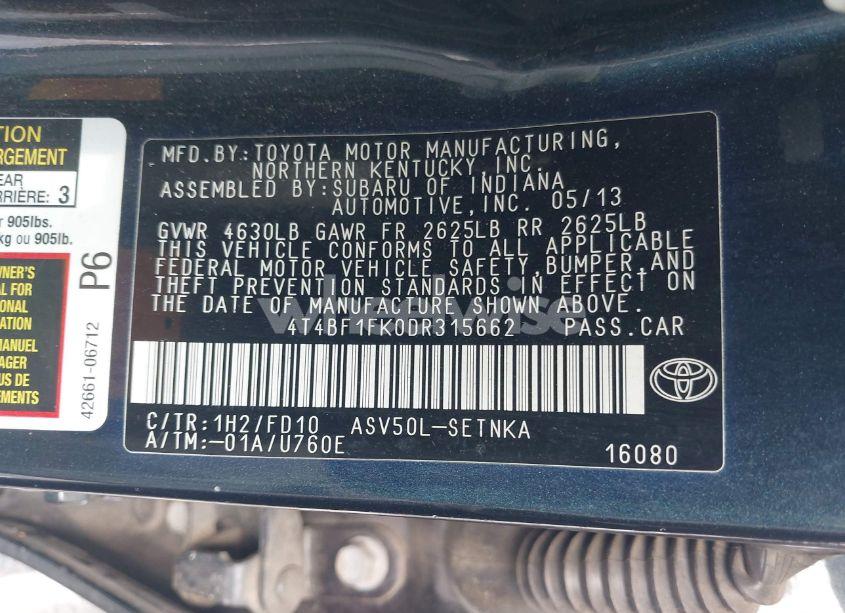 Photo 9 of 2013 Toyota Camry LE (VIN 4T4BF1FK0DR315662)