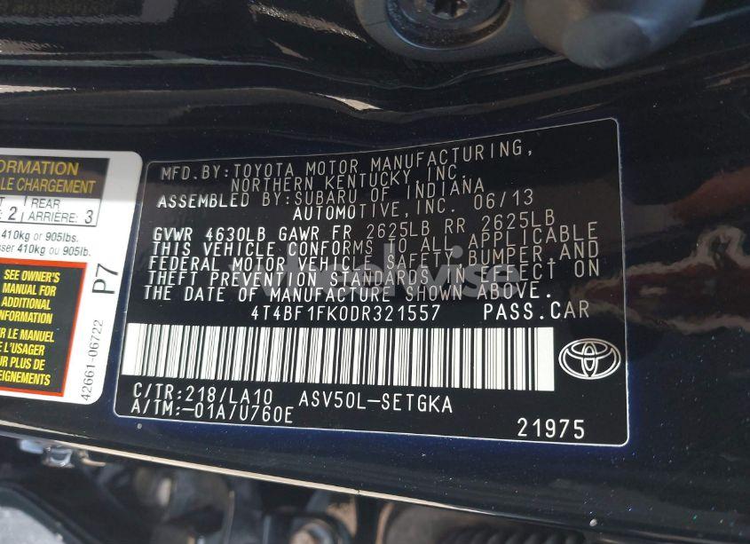 Photo 9 of 2013 Toyota Camry XLE (VIN 4T4BF1FK0DR321557)