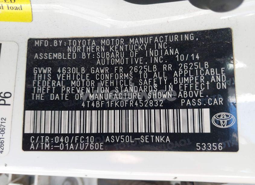 Photo 9 of 2015 Toyota Camry LE/SE/XLE/XSE (VIN 4T4BF1FK0FR452832)