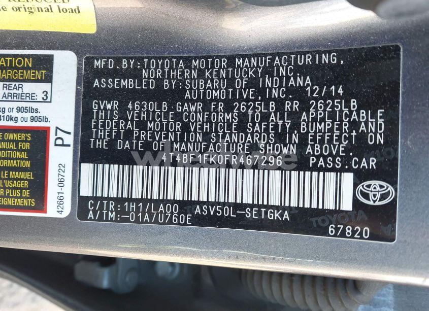 Photo 9 of 2015 Toyota Camry XLE (VIN 4T4BF1FK0FR467296)