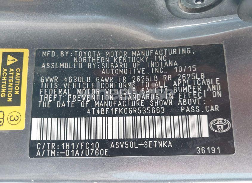 Photo 9 of 2016 Toyota Camry LE (VIN 4T4BF1FK0GR535663)