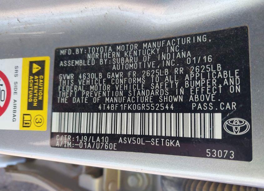 Photo 9 of 2016 Toyota Camry XLE (VIN 4T4BF1FK0GR552544)