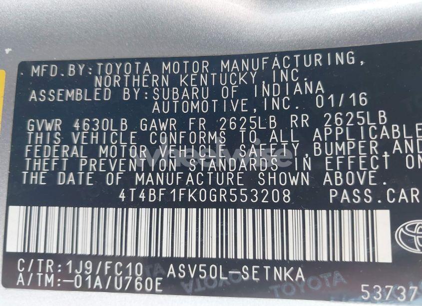 Photo 9 of 2016 Toyota Camry LE (VIN 4T4BF1FK0GR553208)