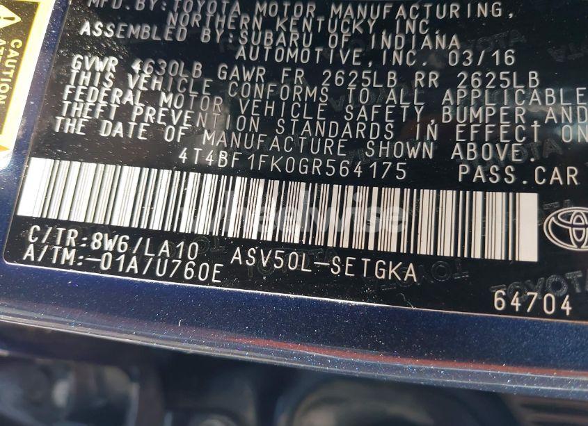 Photo 9 of 2016 Toyota Camry XLE (VIN 4T4BF1FK0GR564175)