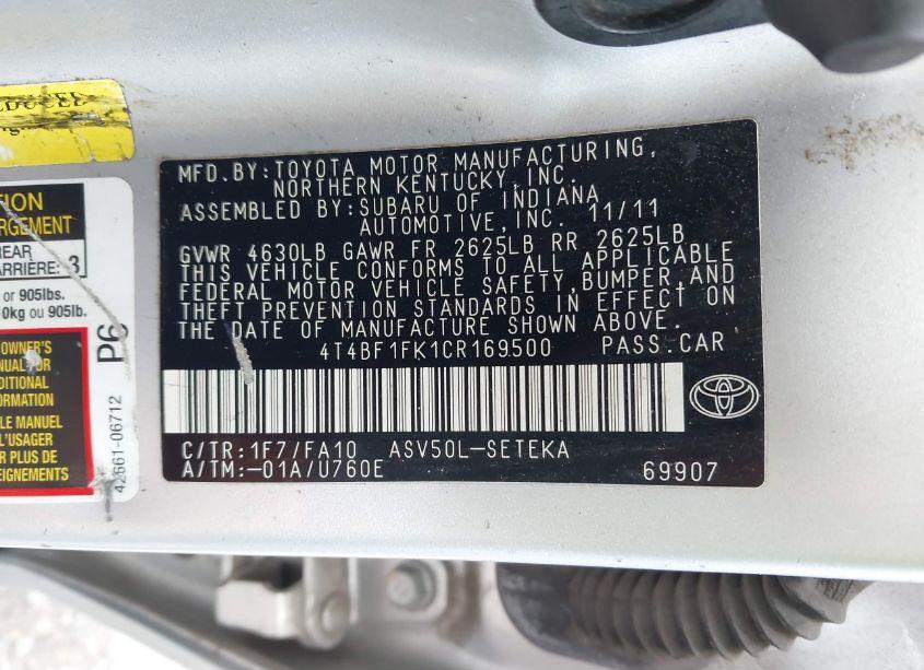 Photo 9 of 2012 Toyota Camry L (VIN 4T4BF1FK1CR169500)