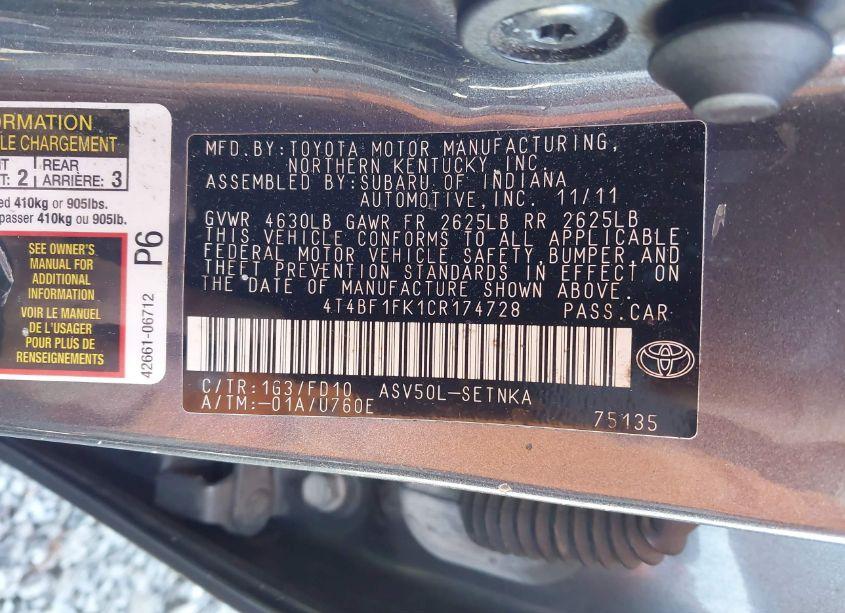 Photo 9 of 2012 Toyota Camry LE (VIN 4T4BF1FK1CR174728)