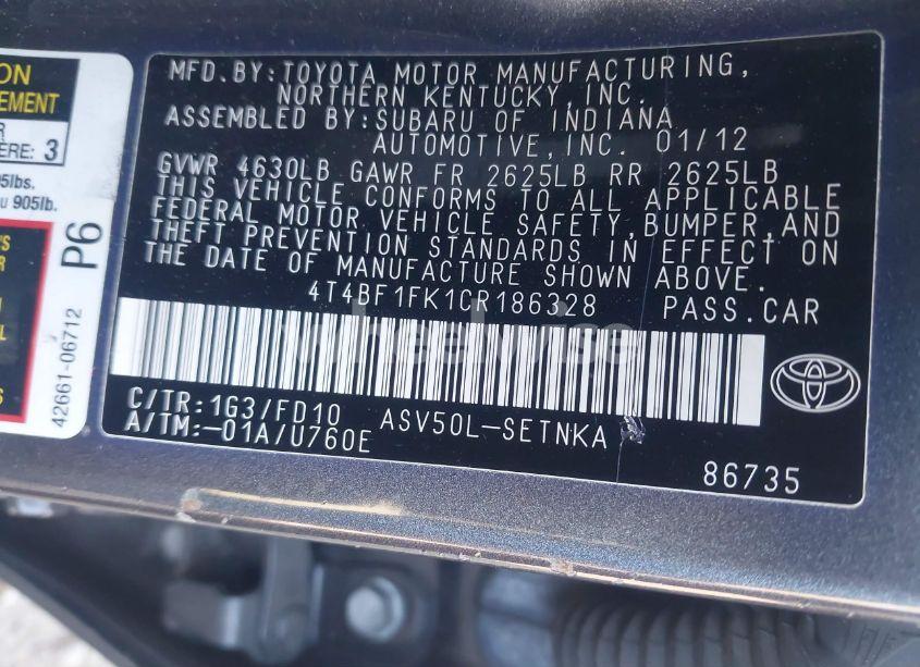 Photo 9 of 2012 Toyota Camry LE (VIN 4T4BF1FK1CR186328)