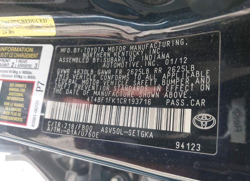 Photo 9 of 2012 Toyota Camry XLE (VIN 4T4BF1FK1CR193716)