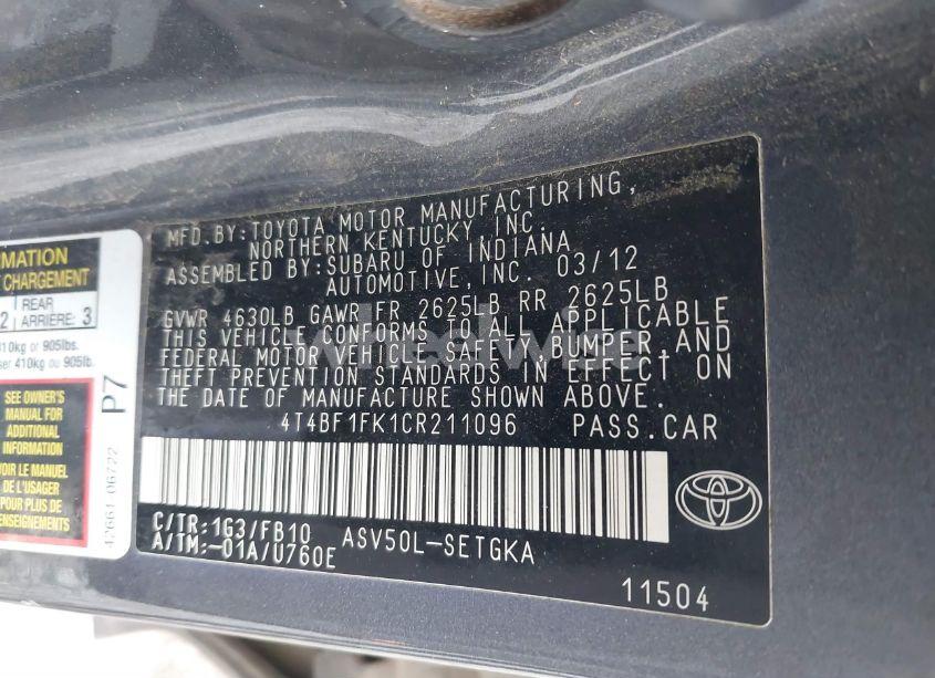 Photo 9 of 2012 Toyota Camry XLE (VIN 4T4BF1FK1CR211096)