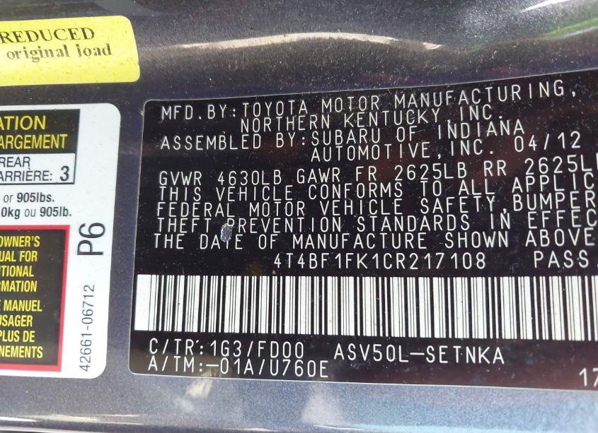 Photo 9 of 2012 Toyota Camry LE (VIN 4T4BF1FK1CR217108)