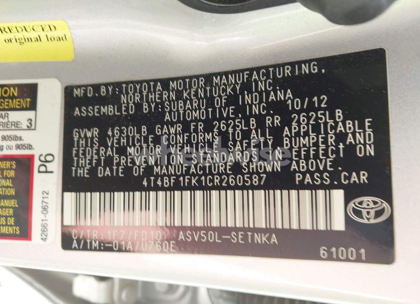 Photo 9 of 2012 Toyota Camry LE (VIN 4T4BF1FK1CR260587)