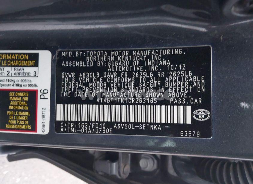 Photo 9 of 2012 Toyota Camry LE (VIN 4T4BF1FK1CR263165)