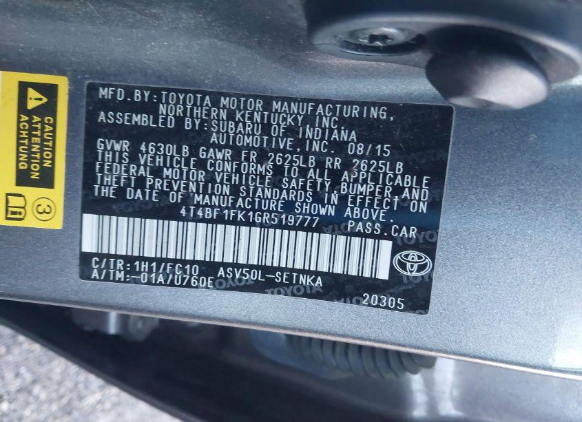 Photo 9 of 2016 Toyota Camry LE (VIN 4T4BF1FK1GR519777)