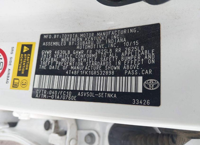 Photo 9 of 2016 Toyota Camry LE (VIN 4T4BF1FK1GR532898)