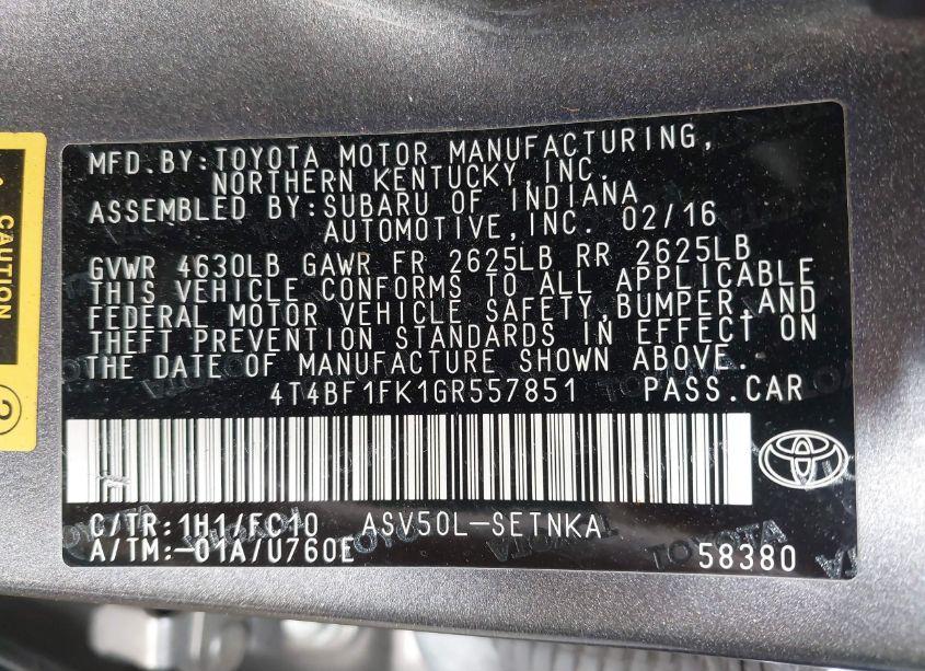 Photo 9 of 2016 Toyota Camry LE (VIN 4T4BF1FK1GR557851)