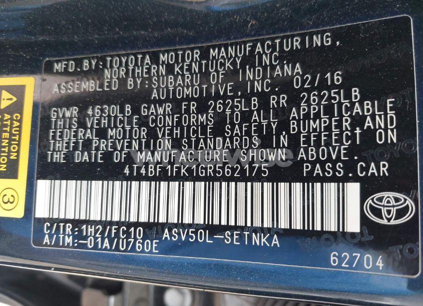 Photo 9 of 2016 Toyota Camry LE (VIN 4T4BF1FK1GR562175)