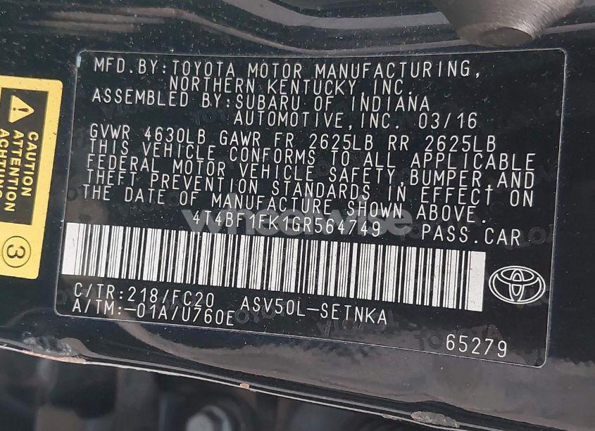 Photo 9 of 2016 Toyota Camry LE (VIN 4T4BF1FK1GR564749)