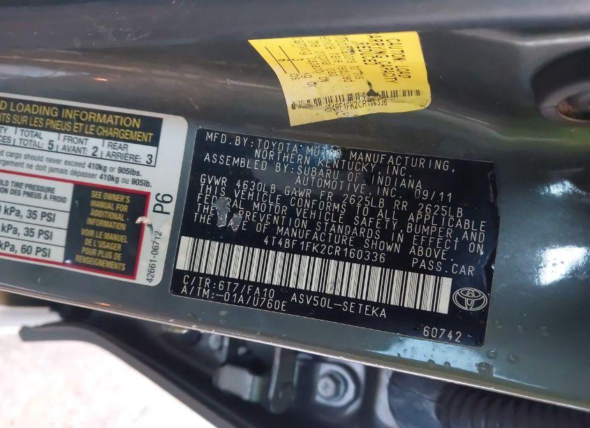 Photo 9 of 2012 Toyota Camry L (VIN 4T4BF1FK2CR160336)