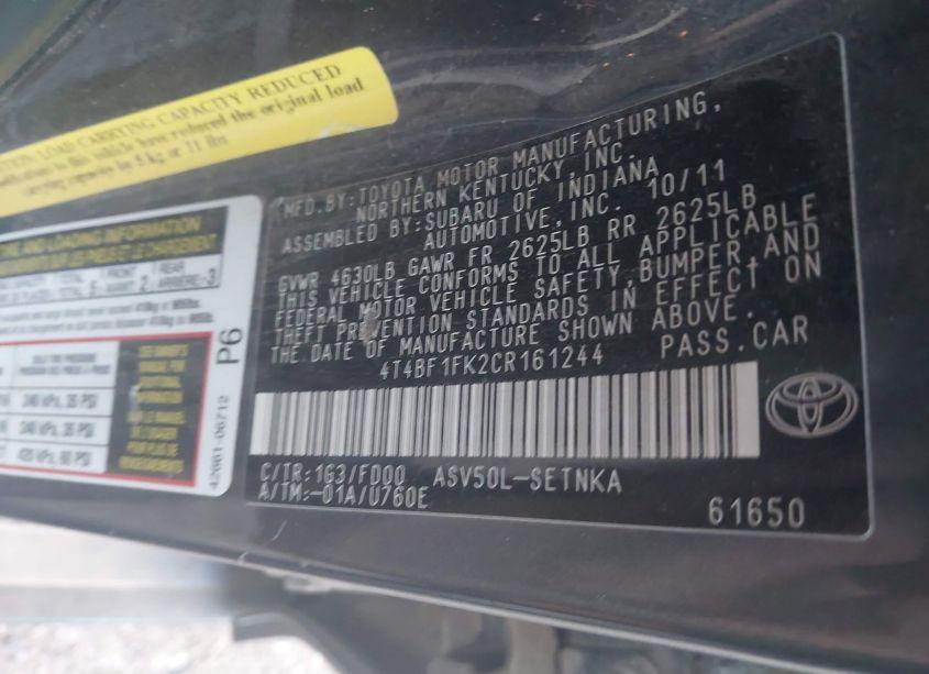 Photo 9 of 2012 Toyota Camry LE (VIN 4T4BF1FK2CR161244)