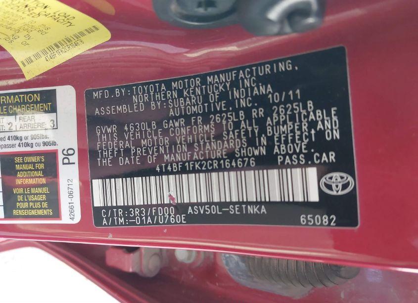 Photo 9 of 2012 Toyota Camry LE (VIN 4T4BF1FK2CR164676)