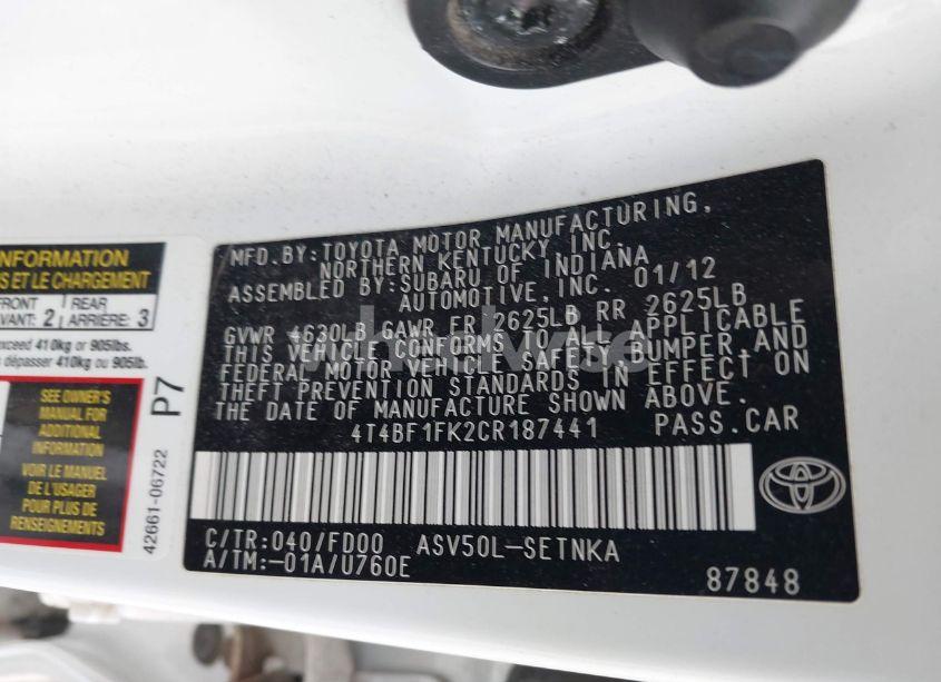 Photo 9 of 2012 Toyota Camry LE (VIN 4T4BF1FK2CR187441)