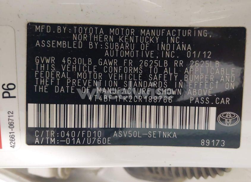 Photo 9 of 2012 Toyota Camry LE (VIN 4T4BF1FK2CR188766)