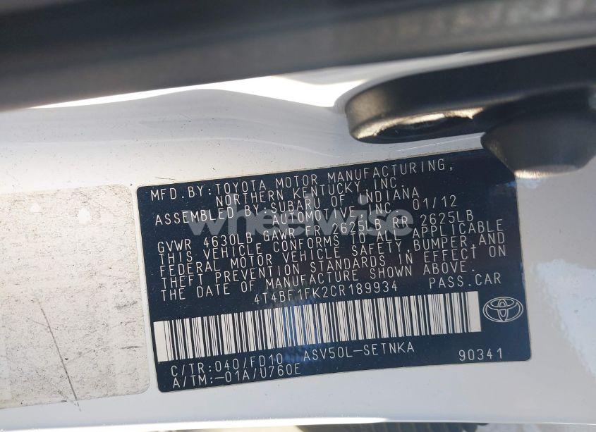 Photo 9 of 2012 Toyota Camry LE (VIN 4T4BF1FK2CR189934)