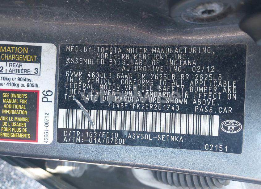 Photo 9 of 2012 Toyota Camry LE (VIN 4T4BF1FK2CR201743)