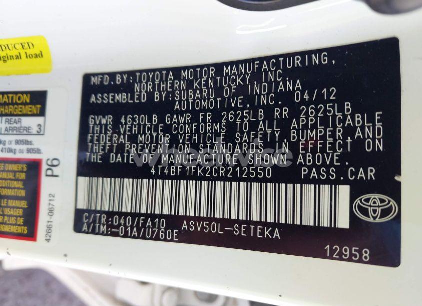 Photo 9 of 2012 Toyota Camry L (VIN 4T4BF1FK2CR212550)