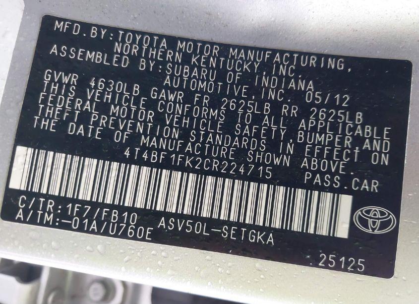 Photo 9 of 2012 Toyota Camry XLE (VIN 4T4BF1FK2CR224715)