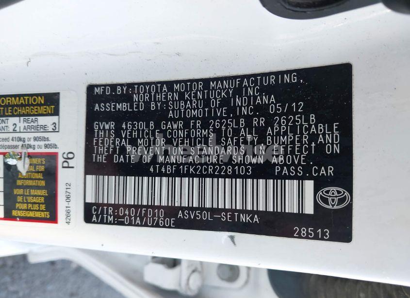 Photo 9 of 2012 Toyota Camry LE (VIN 4T4BF1FK2CR228103)