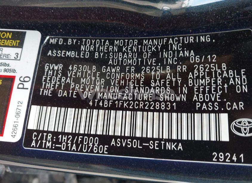 Photo 9 of 2012 Toyota Camry LE (VIN 4T4BF1FK2CR228831)