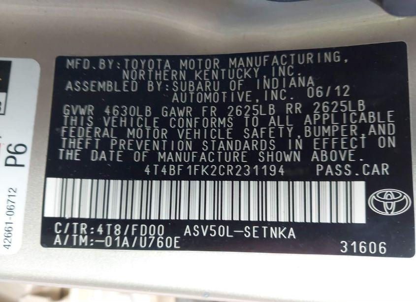 Photo 9 of 2012 Toyota Camry LE (VIN 4T4BF1FK2CR231194)