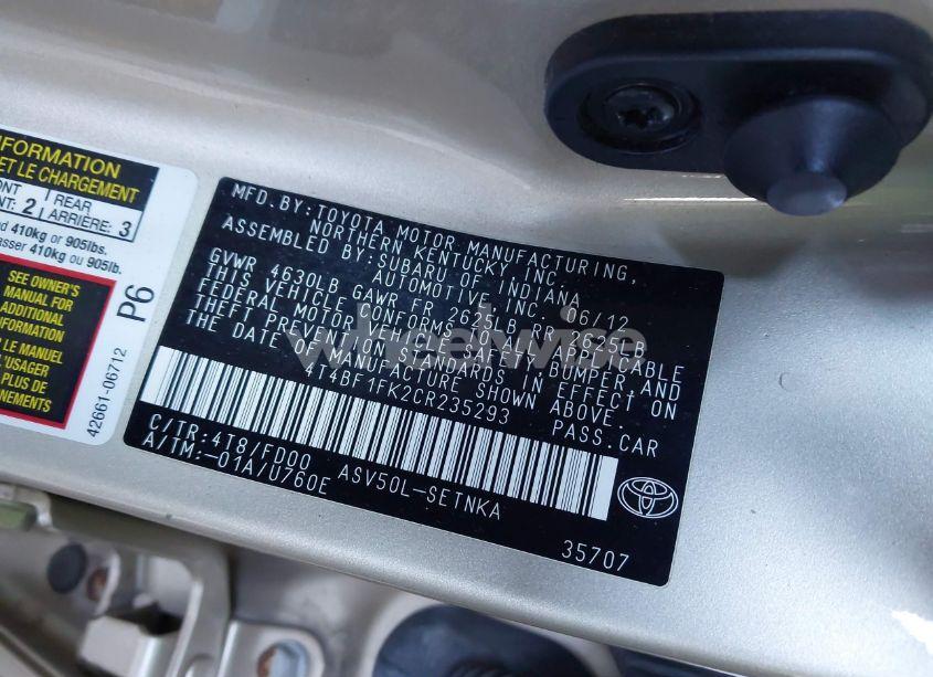 Photo 9 of 2012 Toyota Camry LE (VIN 4T4BF1FK2CR235293)