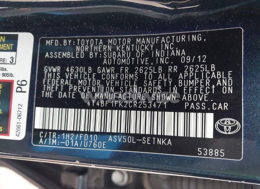 Photo 9 of 2012 Toyota Camry LE (VIN 4T4BF1FK2CR253471)