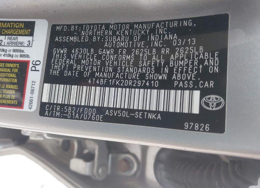 Photo 9 of 2013 Toyota Camry LE (VIN 4T4BF1FK2DR297410)