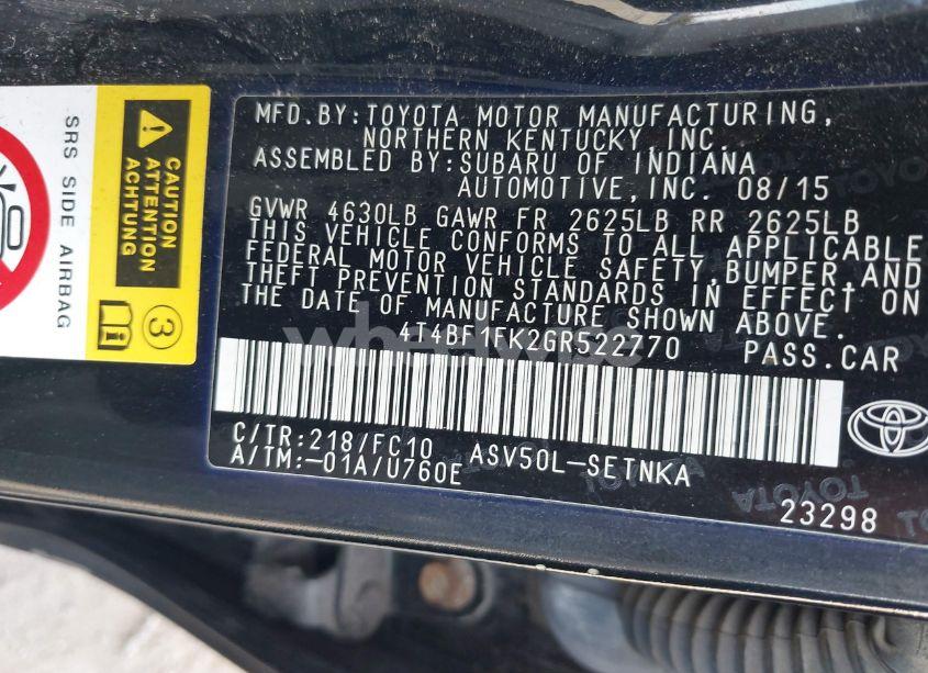 Photo 9 of 2016 Toyota Camry LE (VIN 4T4BF1FK2GR522770)