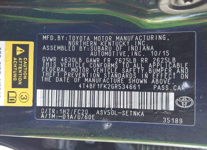 Photo 9 of 2016 Toyota Camry LE (VIN 4T4BF1FK2GR534661)