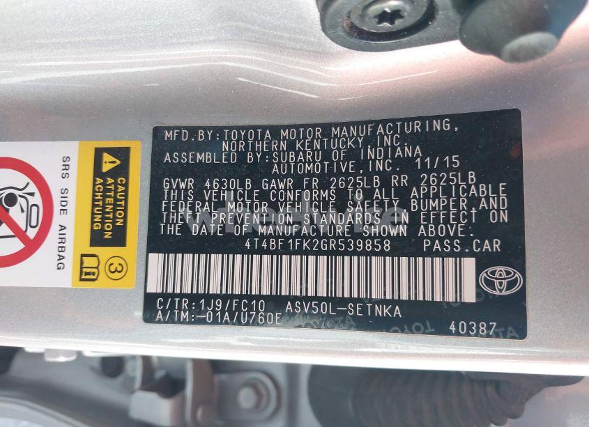 Photo 9 of 2016 Toyota Camry LE (VIN 4T4BF1FK2GR539858)