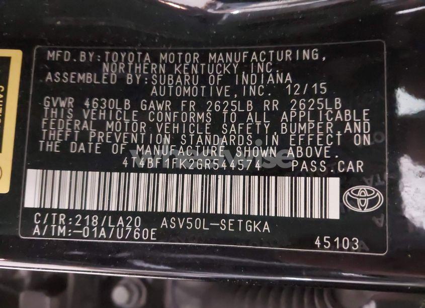 Photo 9 of 2016 Toyota Camry XLE (VIN 4T4BF1FK2GR544574)