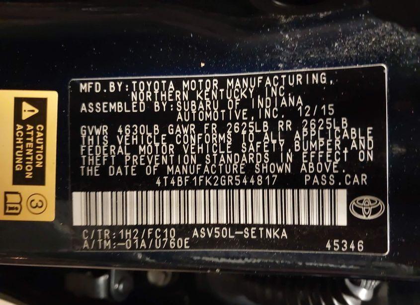 Photo 9 of 2016 Toyota Camry LE/XLE/SE/XSE (VIN 4T4BF1FK2GR544817)