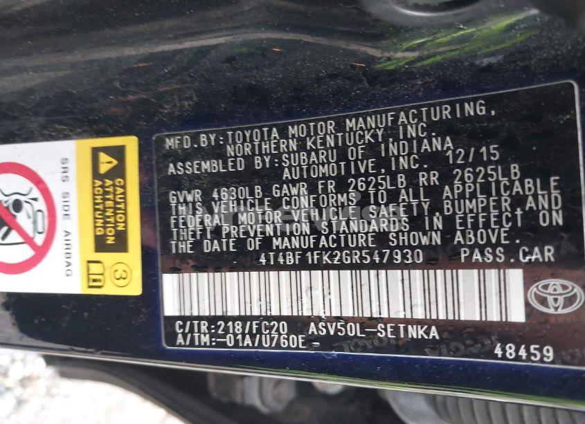 Photo 9 of 2016 Toyota Camry LE (VIN 4T4BF1FK2GR547930)