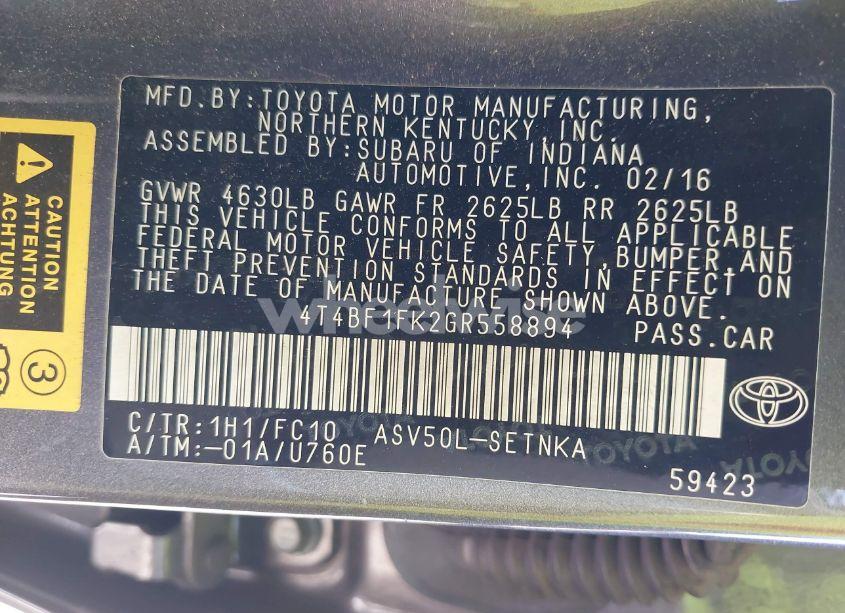 Photo 9 of 2016 Toyota Camry LE (VIN 4T4BF1FK2GR558894)