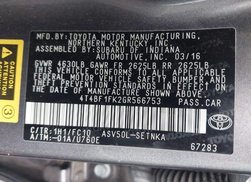 Photo 9 of 2016 Toyota Camry LE (VIN 4T4BF1FK2GR566753)