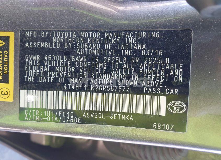 Photo 9 of 2016 Toyota Camry LE (VIN 4T4BF1FK2GR567577)